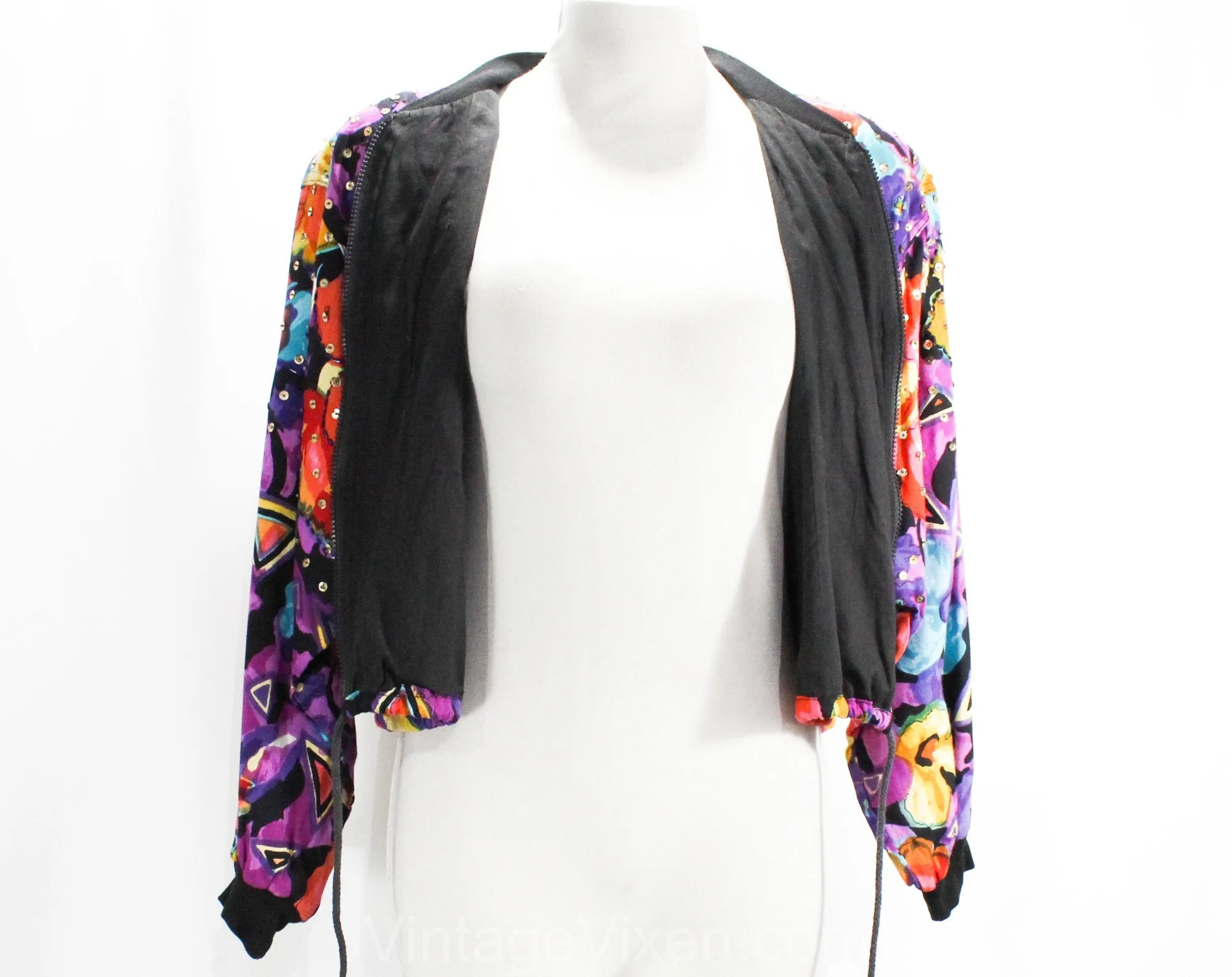 1990s Colorful Club Jacket - Size 14 Bright Floral Zip Front Street Jacket - Red Pink Blue Purple Black Splashy Sequined Rayon - Bust 42