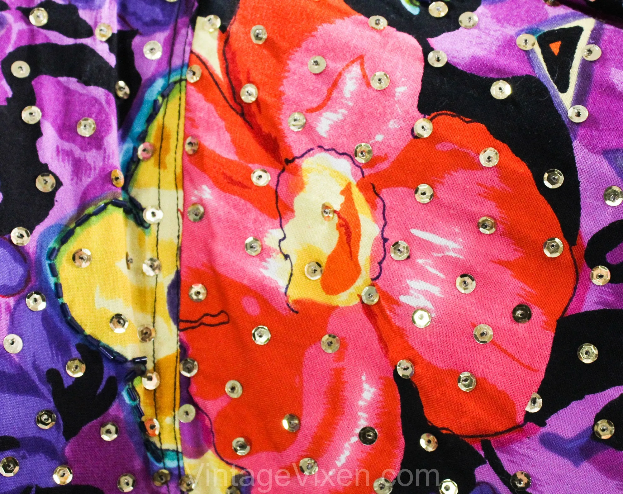 1990s Colorful Club Jacket - Size 14 Bright Floral Zip Front Street Jacket - Red Pink Blue Purple Black Splashy Sequined Rayon - Bust 42