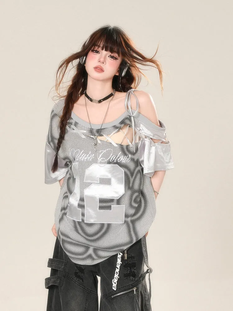 American Style Embroidered Off-Shoulder Sporty Gray T-Shirt