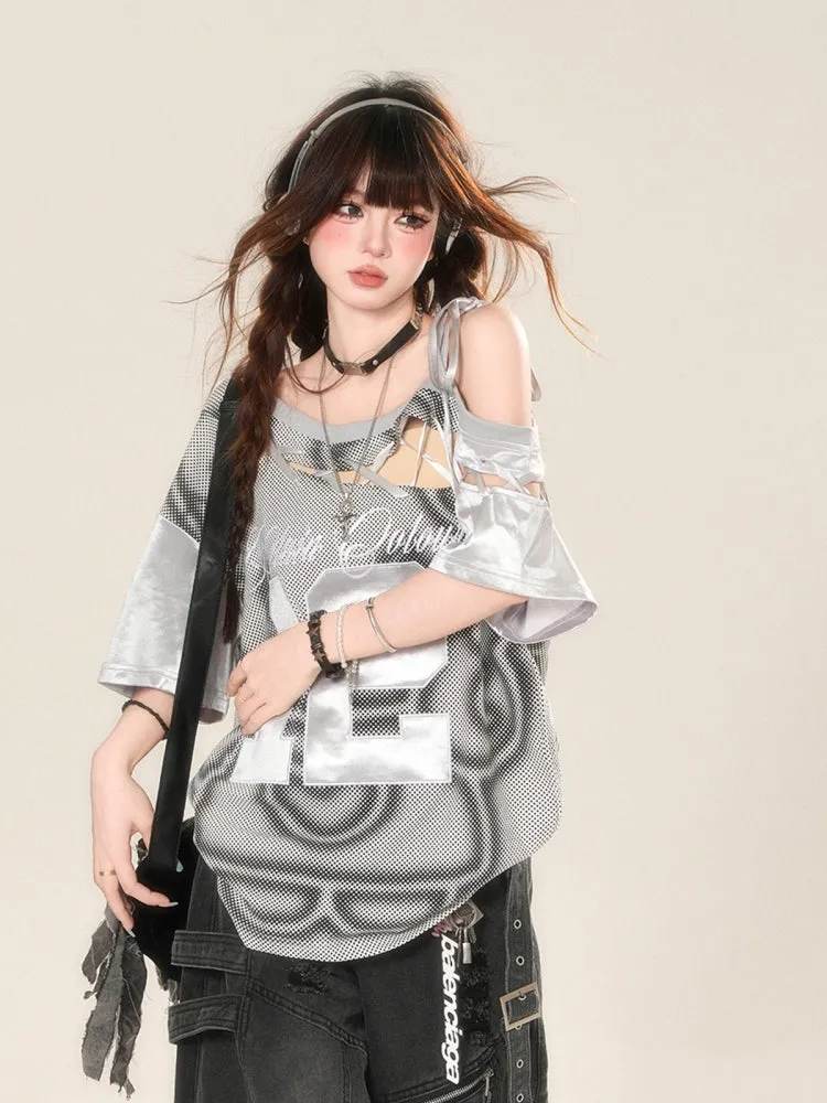 American Style Embroidered Off-Shoulder Sporty Gray T-Shirt