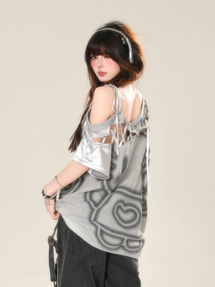 American Style Embroidered Off-Shoulder Sporty Gray T-Shirt