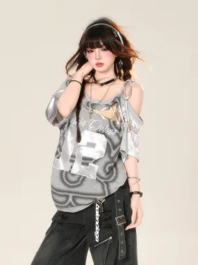 American Style Embroidered Off-Shoulder Sporty Gray T-Shirt