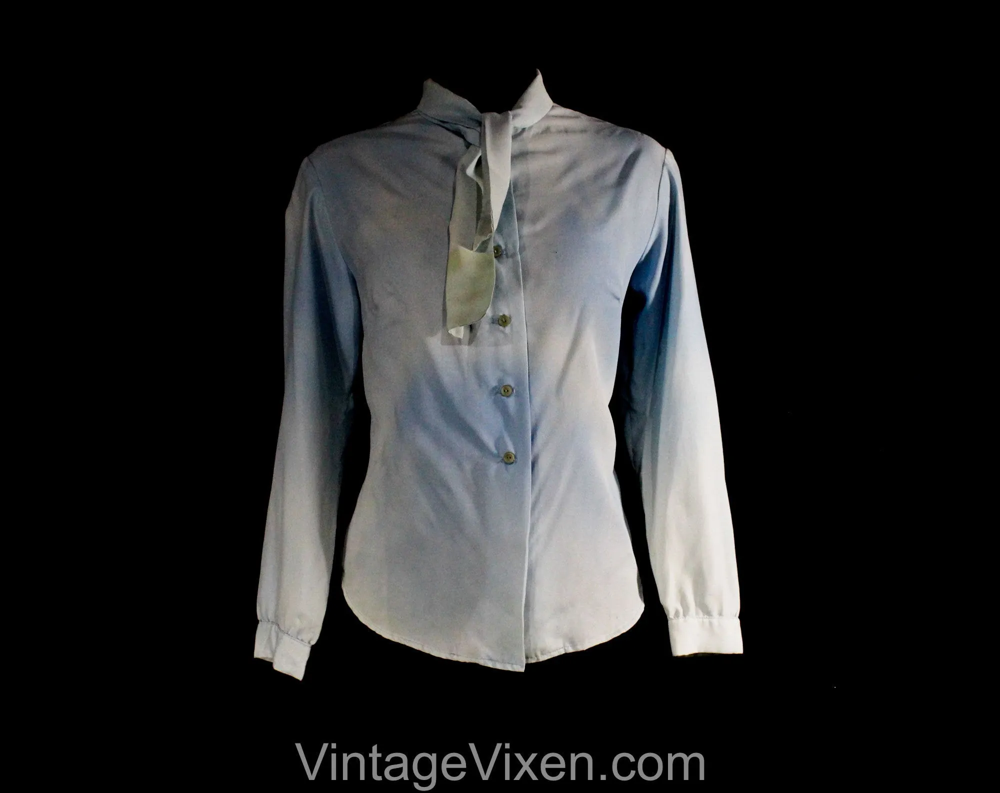 As Is Size 12 Blue Blouse - Cloud Like Sky Blue 1960s Tailored Top - Large 60s Secretary Style Shirt - Pussycat Bow - Bust 38.5 - 50799