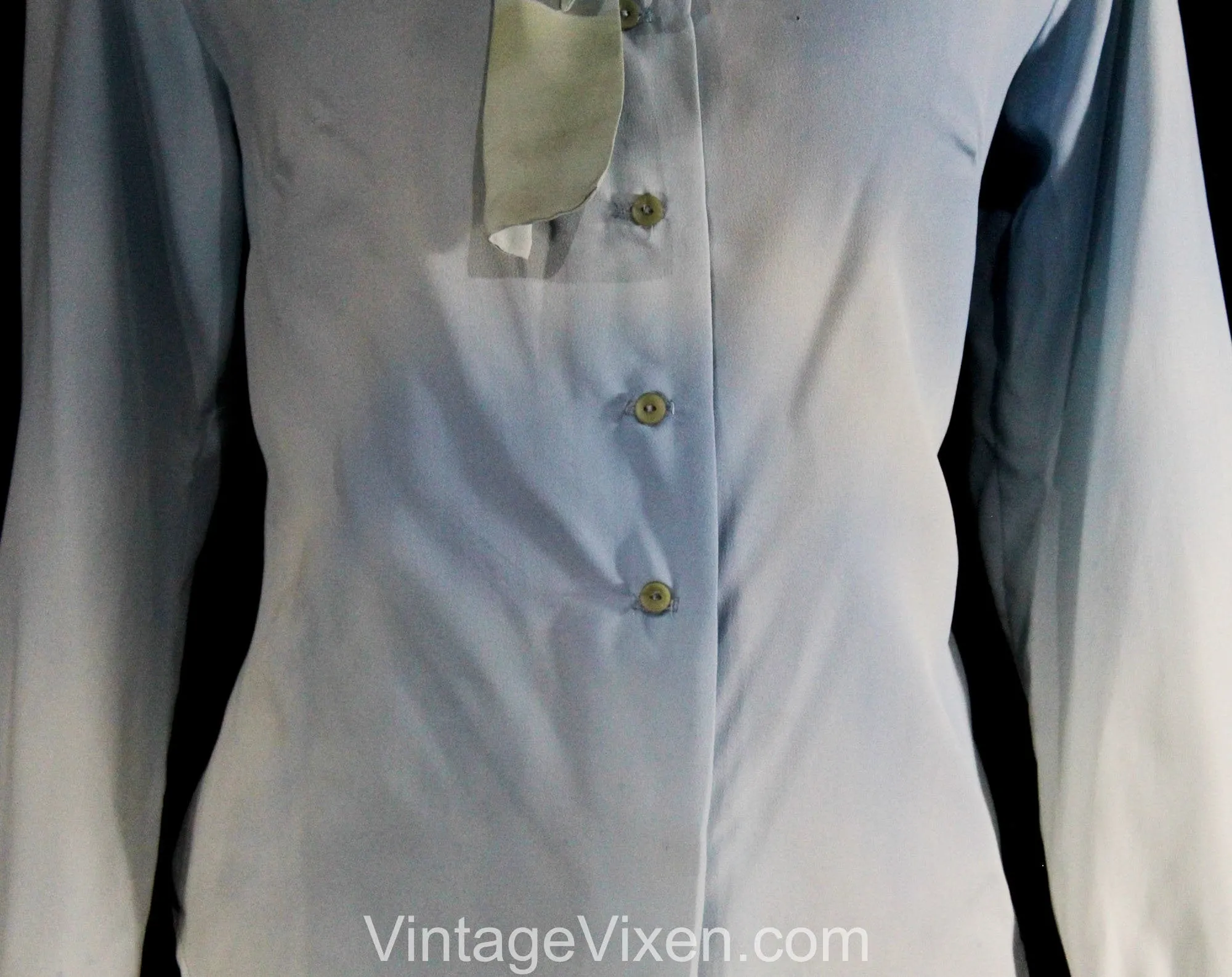 As Is Size 12 Blue Blouse - Cloud Like Sky Blue 1960s Tailored Top - Large 60s Secretary Style Shirt - Pussycat Bow - Bust 38.5 - 50799