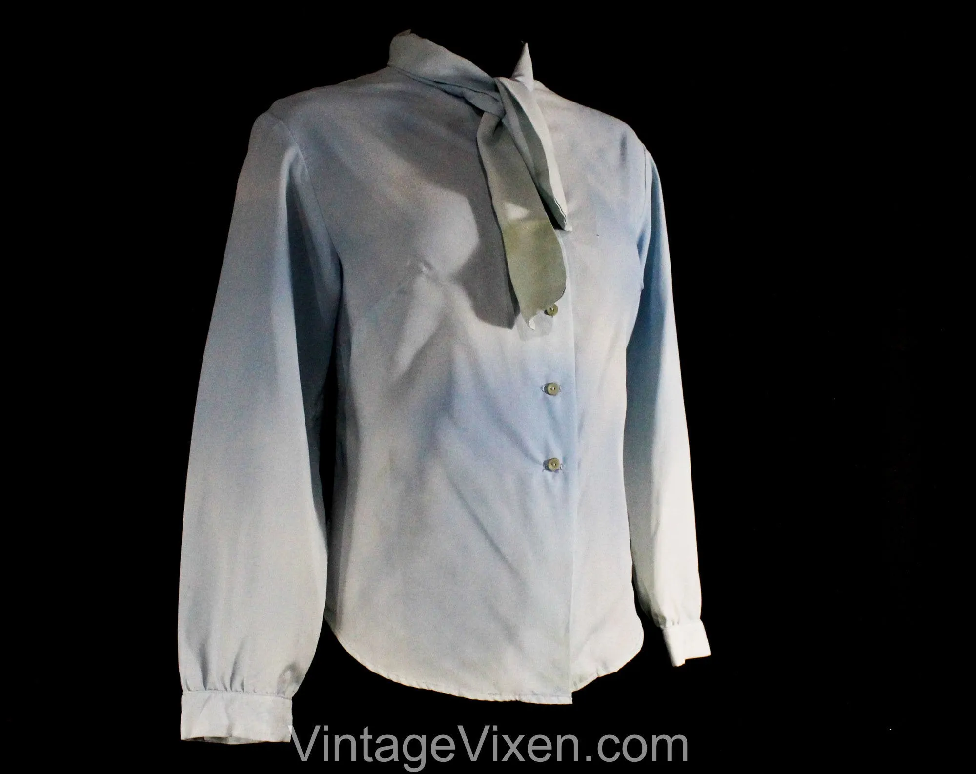 As Is Size 12 Blue Blouse - Cloud Like Sky Blue 1960s Tailored Top - Large 60s Secretary Style Shirt - Pussycat Bow - Bust 38.5 - 50799
