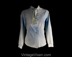 As Is Size 12 Blue Blouse - Cloud Like Sky Blue 1960s Tailored Top - Large 60s Secretary Style Shirt - Pussycat Bow - Bust 38.5 - 50799