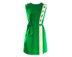 As Is Size 12 Green Asian Dress - Large 1960s Emerald Sheath with Border Chinese Characters Embroidery - Far East 60s - Tie Belt - Bust 40