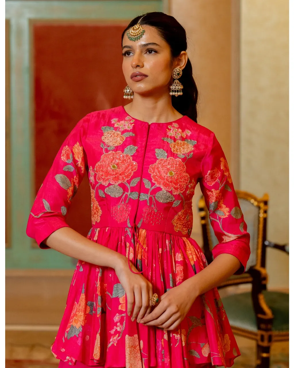 Blooming Pink Floral Printed Peplum Set
