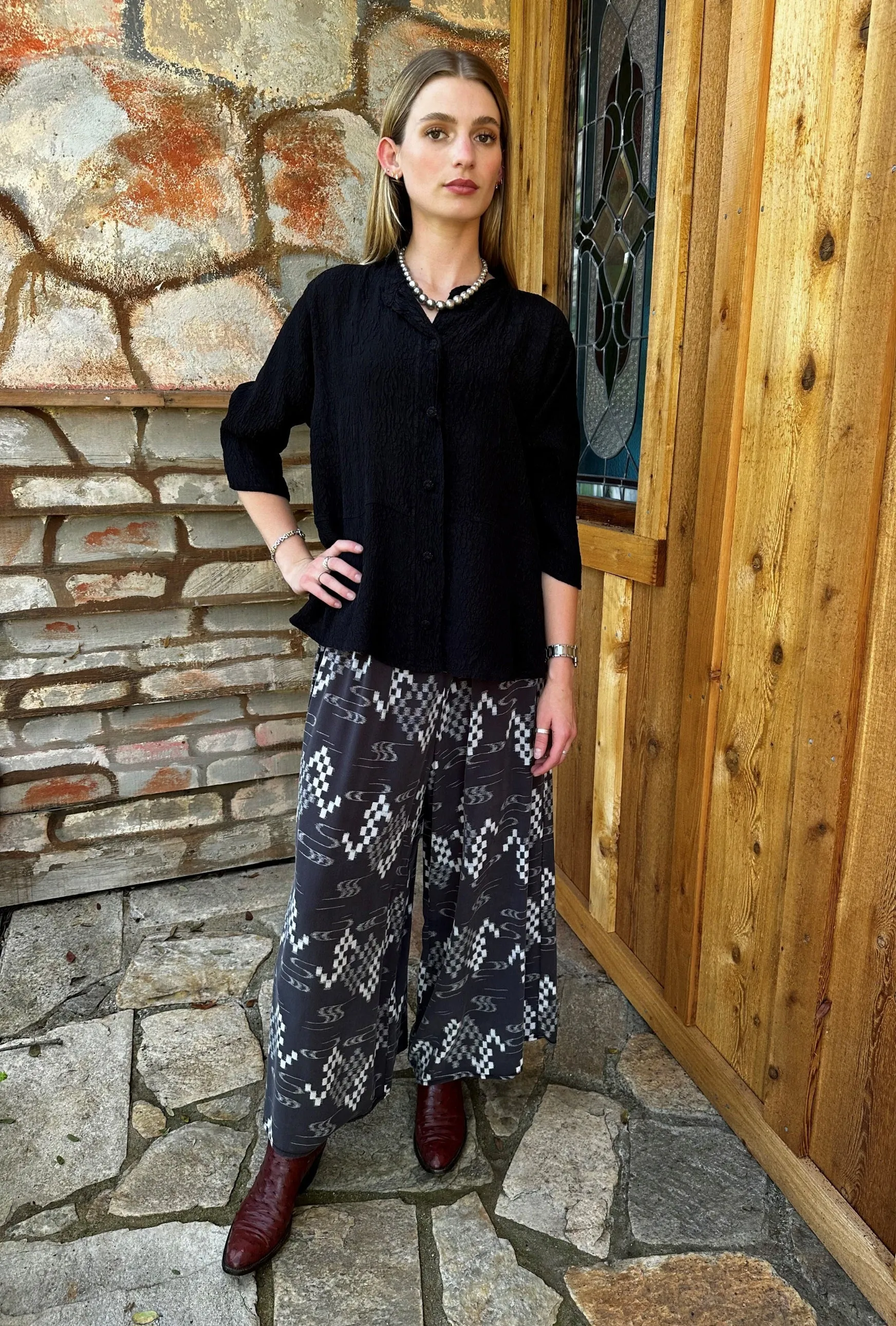 Boat Pants in Black Ikat Printed Silk