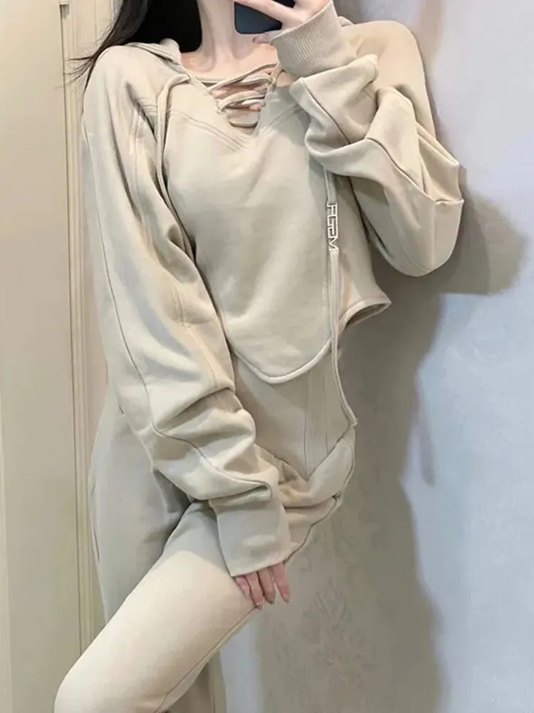 Fashionkova  2022 Autumn Winter Hip Hop Sportswear Two-Piece Set Long Sleeves With Hood Casual Fashion Short Sweatshirt   Pants Solid Sexy