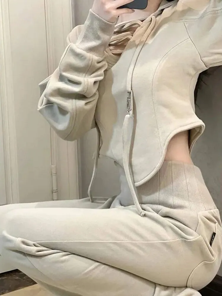 Fashionkova  2022 Autumn Winter Hip Hop Sportswear Two-Piece Set Long Sleeves With Hood Casual Fashion Short Sweatshirt   Pants Solid Sexy
