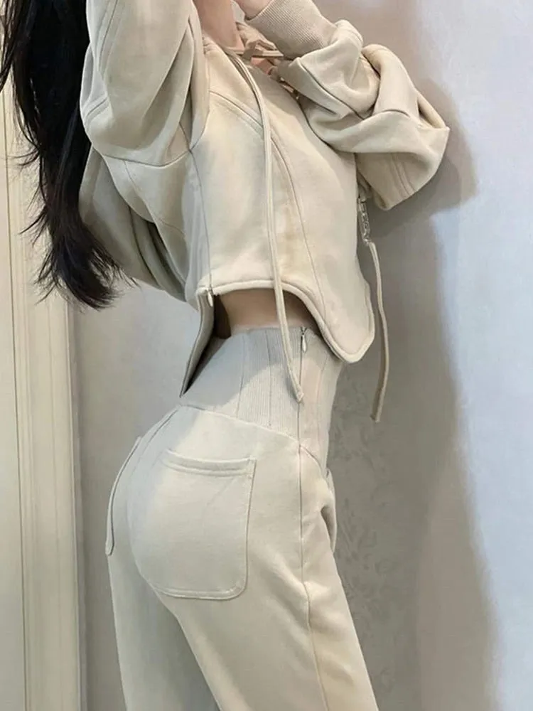 Fashionkova  2022 Autumn Winter Hip Hop Sportswear Two-Piece Set Long Sleeves With Hood Casual Fashion Short Sweatshirt   Pants Solid Sexy