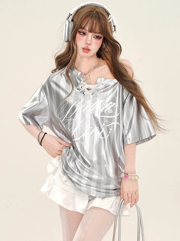 Grey/Blue Lace-up Detail Asymmetrical Neckline Striped Sporty Top
