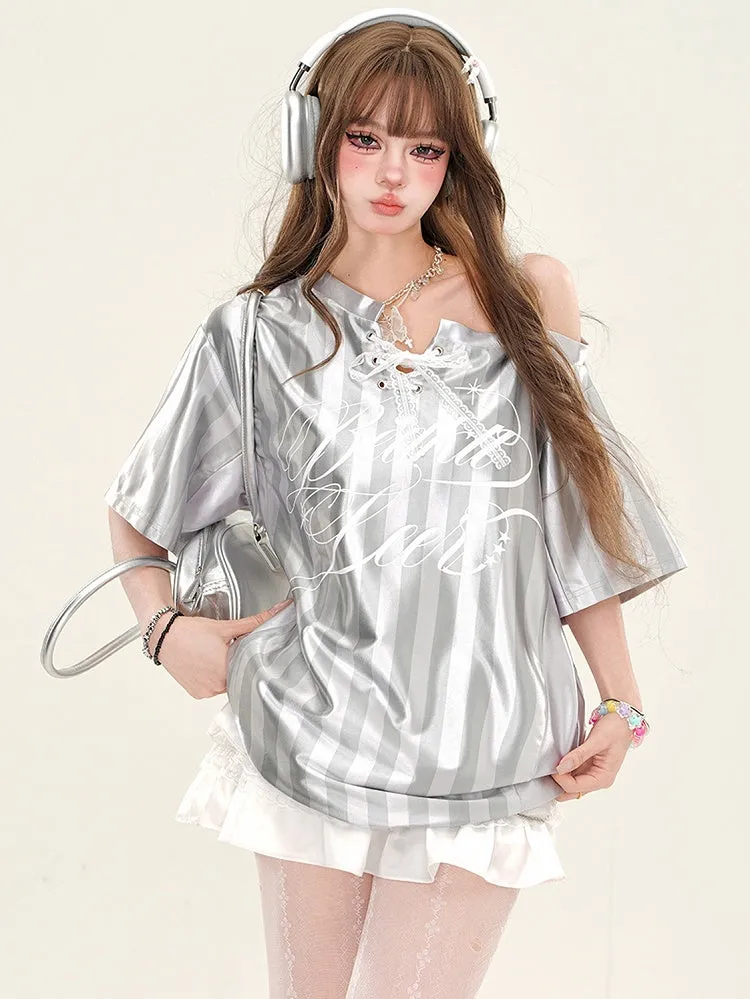 Grey/Blue Lace-up Detail Asymmetrical Neckline Striped Sporty Top