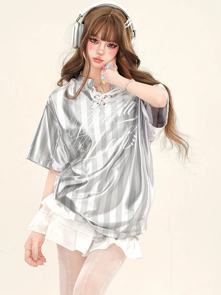 Grey/Blue Lace-up Detail Asymmetrical Neckline Striped Sporty Top