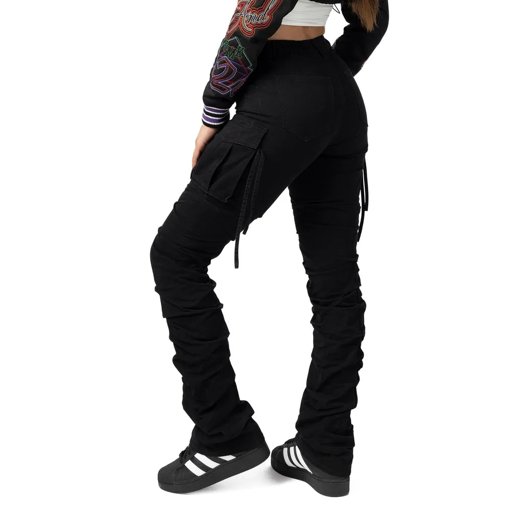 High Rise Bootcut Cargo Twill Pants - Black