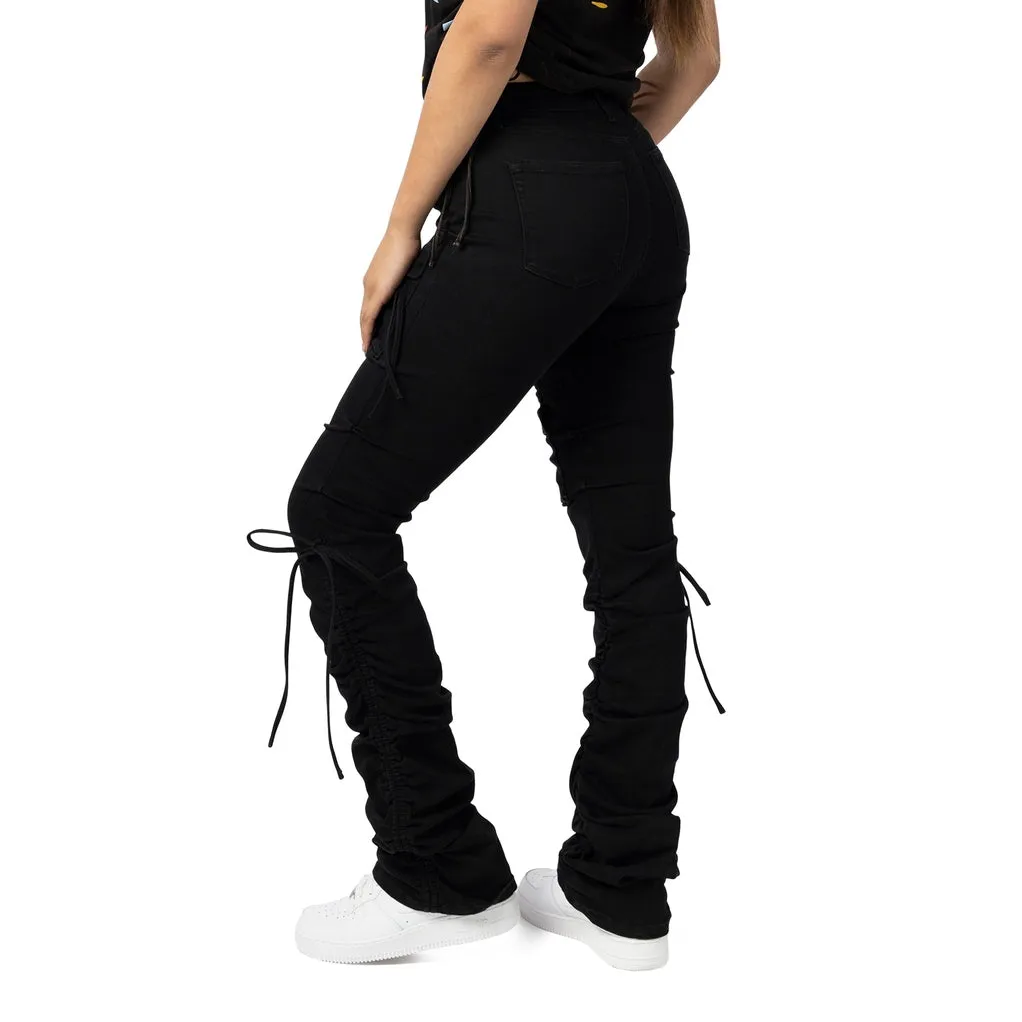 High Rise Strap Bootcut Twill Pants - Black