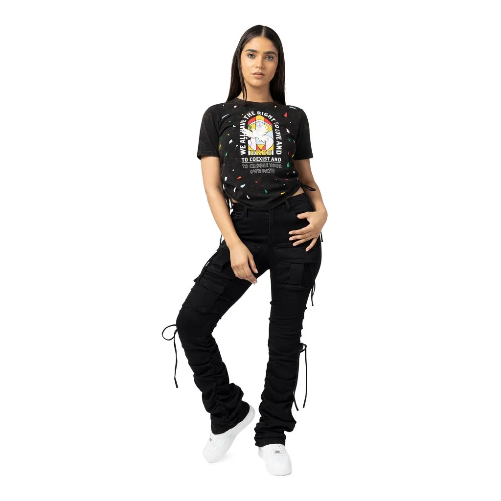 High Rise Strap Bootcut Twill Pants - Black