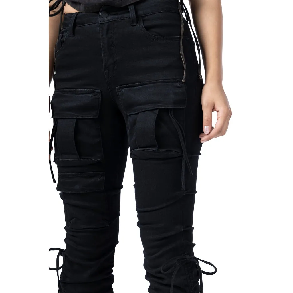High Rise Strap Bootcut Twill Pants - Black