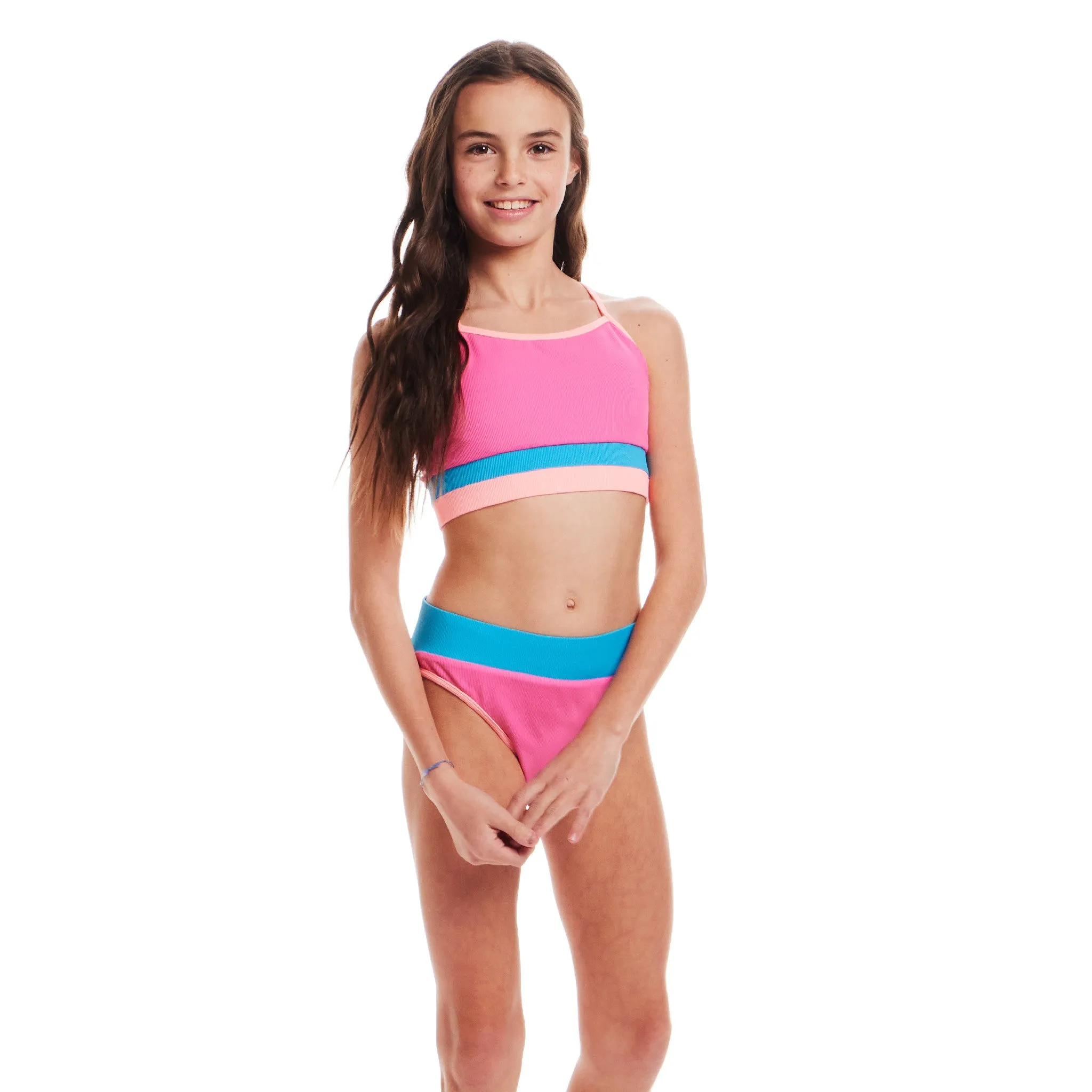 Kids (4-16) Two Piece Swimsuit Set | Pink Color Block