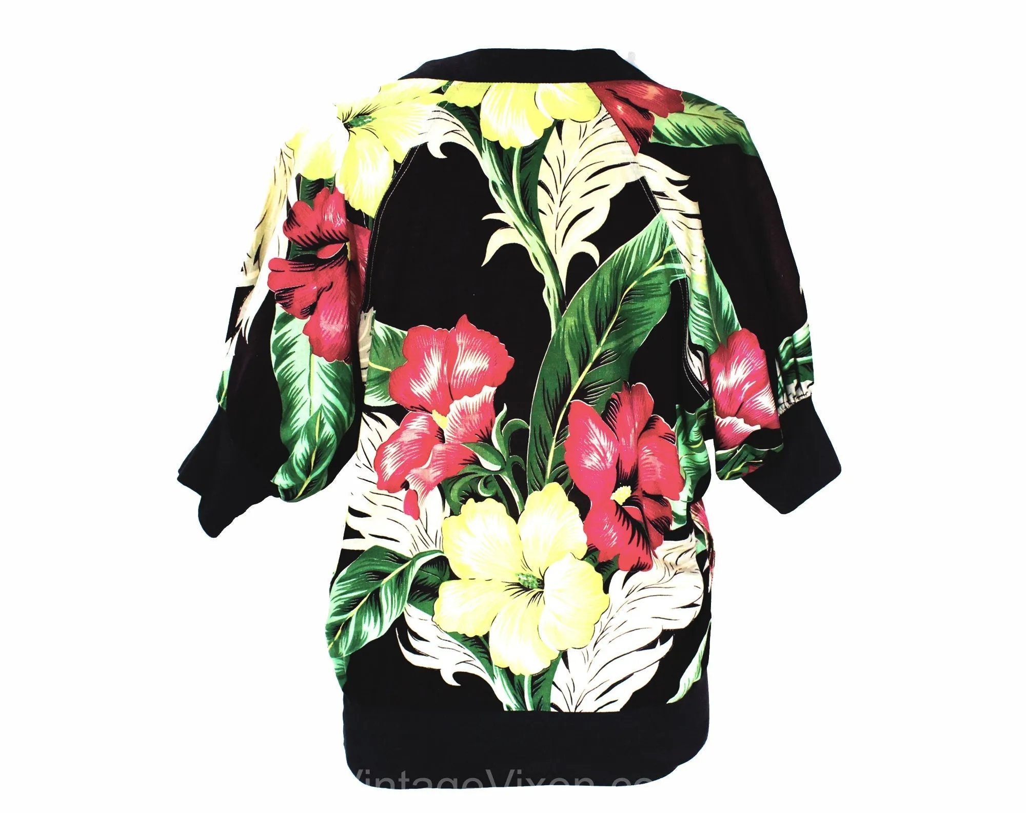 Large 1940s Style Tropical Floral Top - Black Pink Green Chartreuse Cotton Casual Blouse - Terrific Jungle Print - 80s Does 40s - Bust to 44