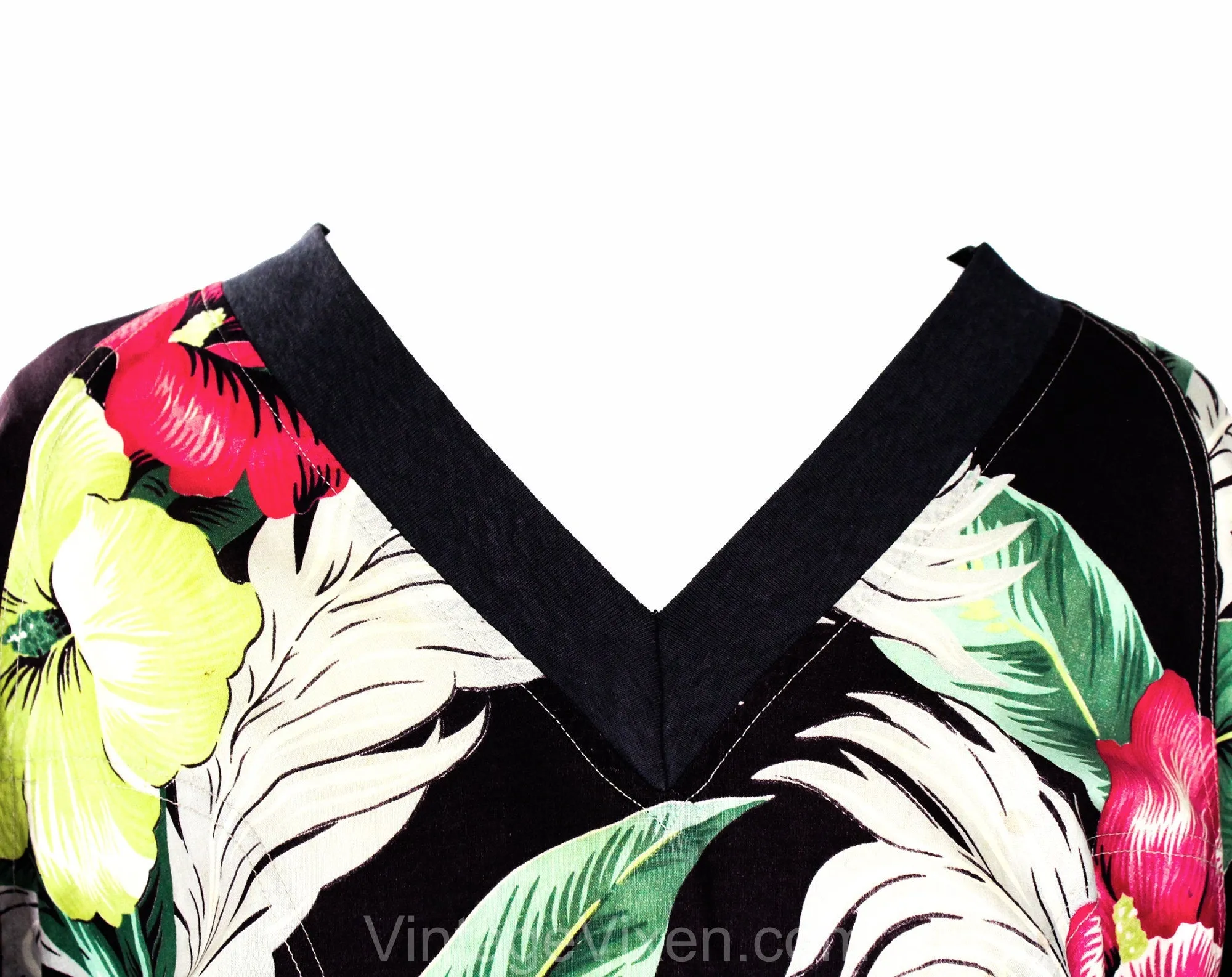 Large 1940s Style Tropical Floral Top - Black Pink Green Chartreuse Cotton Casual Blouse - Terrific Jungle Print - 80s Does 40s - Bust to 44
