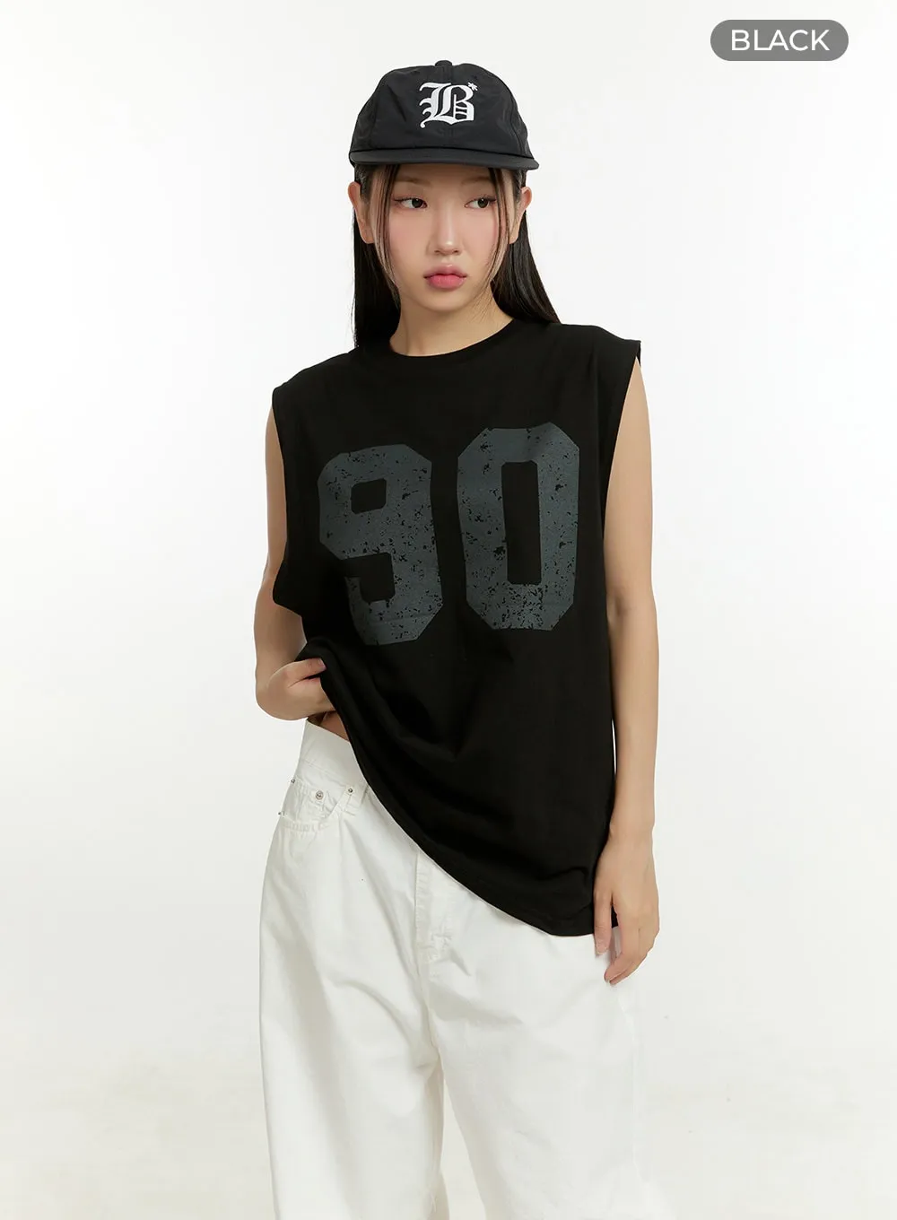 Lettering Oversize Cotton Sleeveless Top CU428