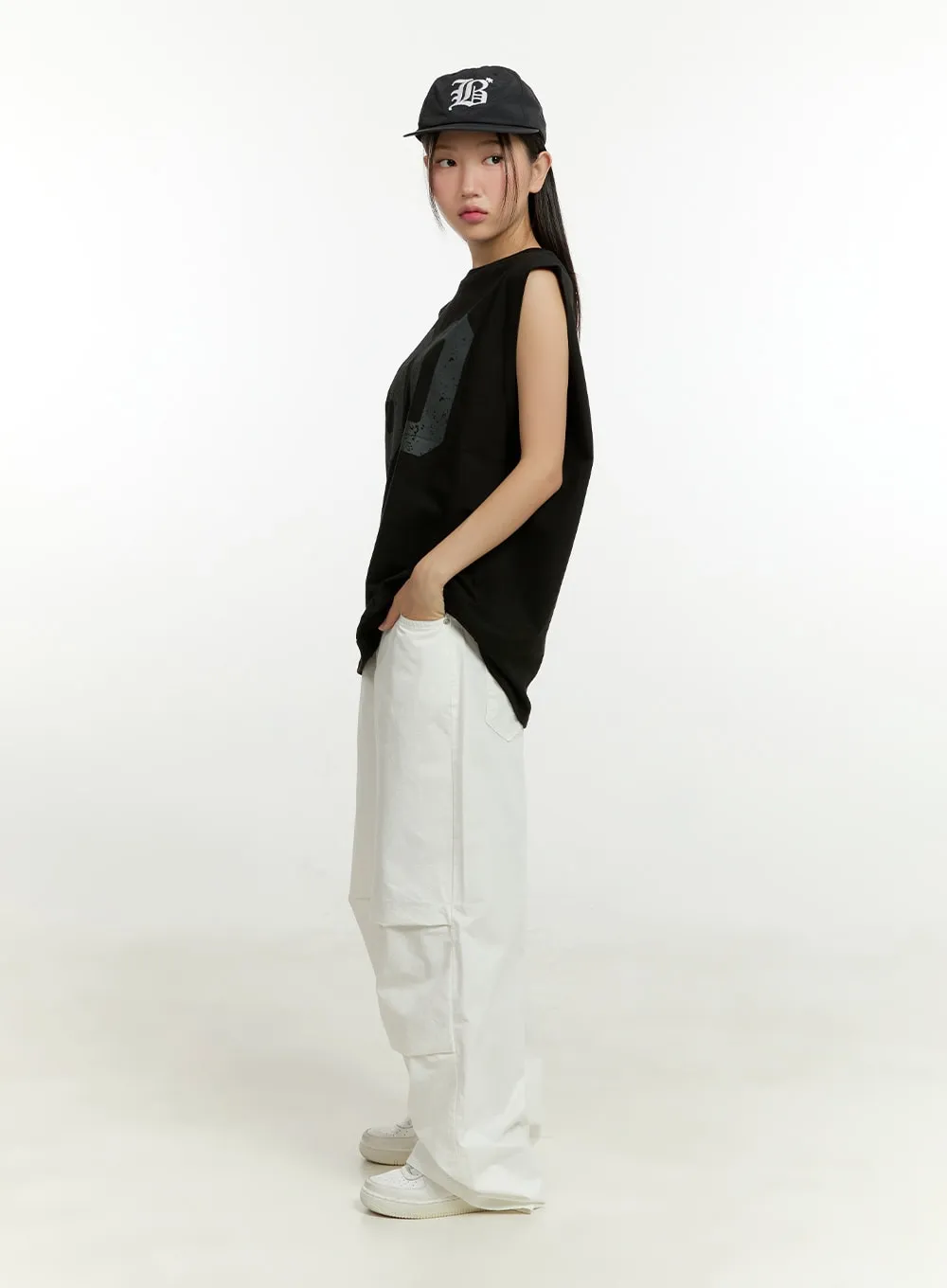 Lettering Oversize Cotton Sleeveless Top CU428