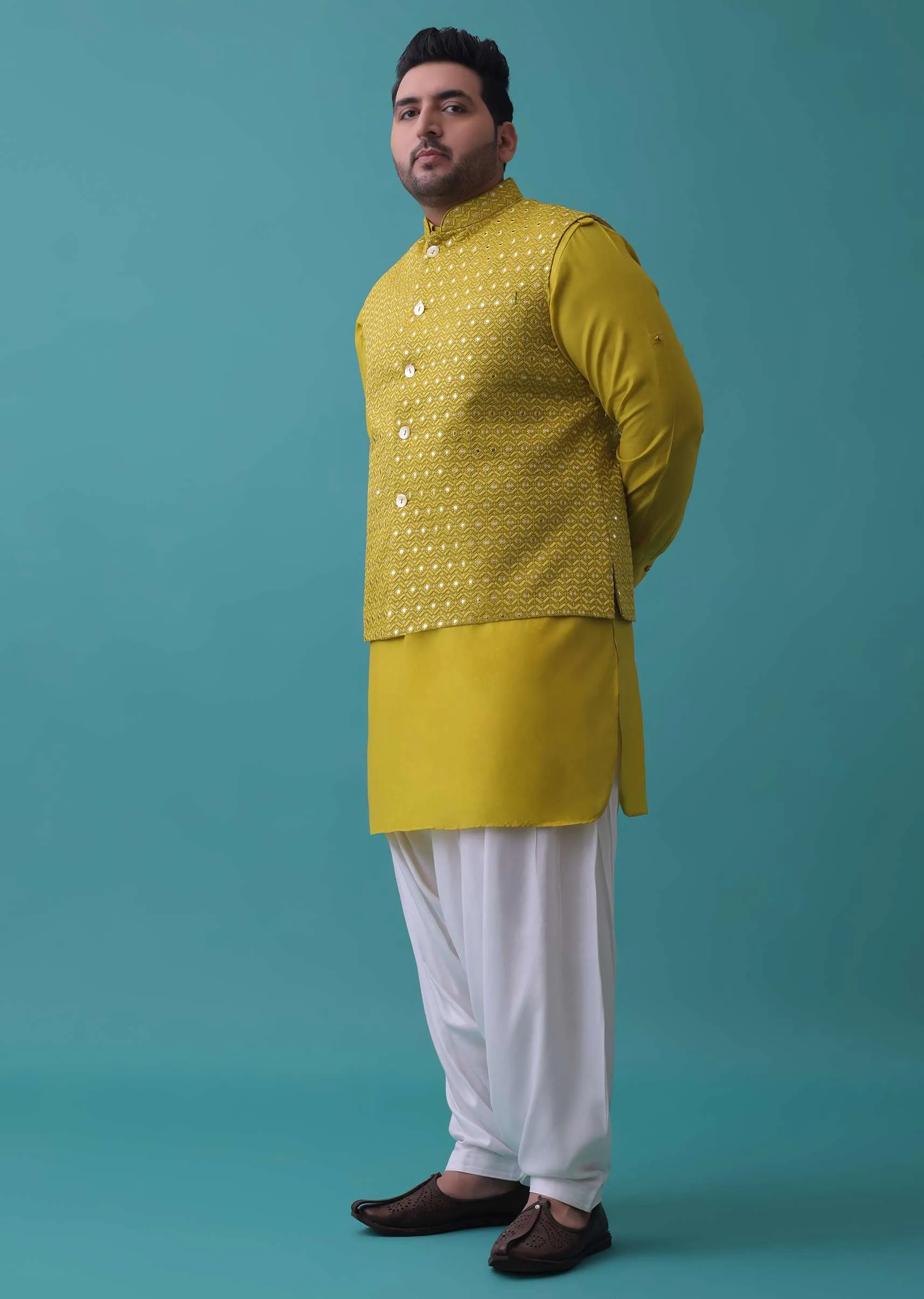 Lime Yellow Mirror Embroidered Bandi Jacket Set In Cotton Silk