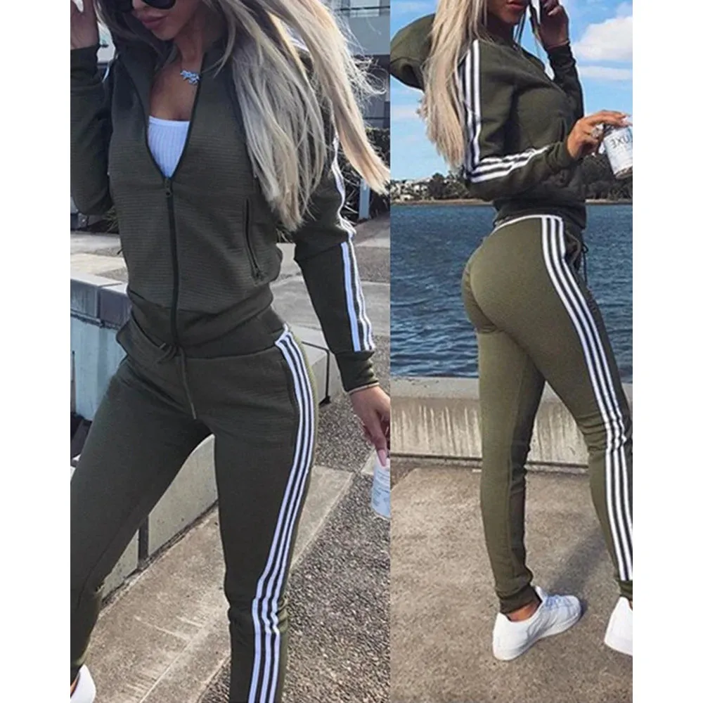 LVSANW Autumn Women Striped Colorblock Long Sleeve Zipper Fly Hoodie & Cuffed Pants Sets Sporty Streetwear Two Pieces Sweatpants Suit