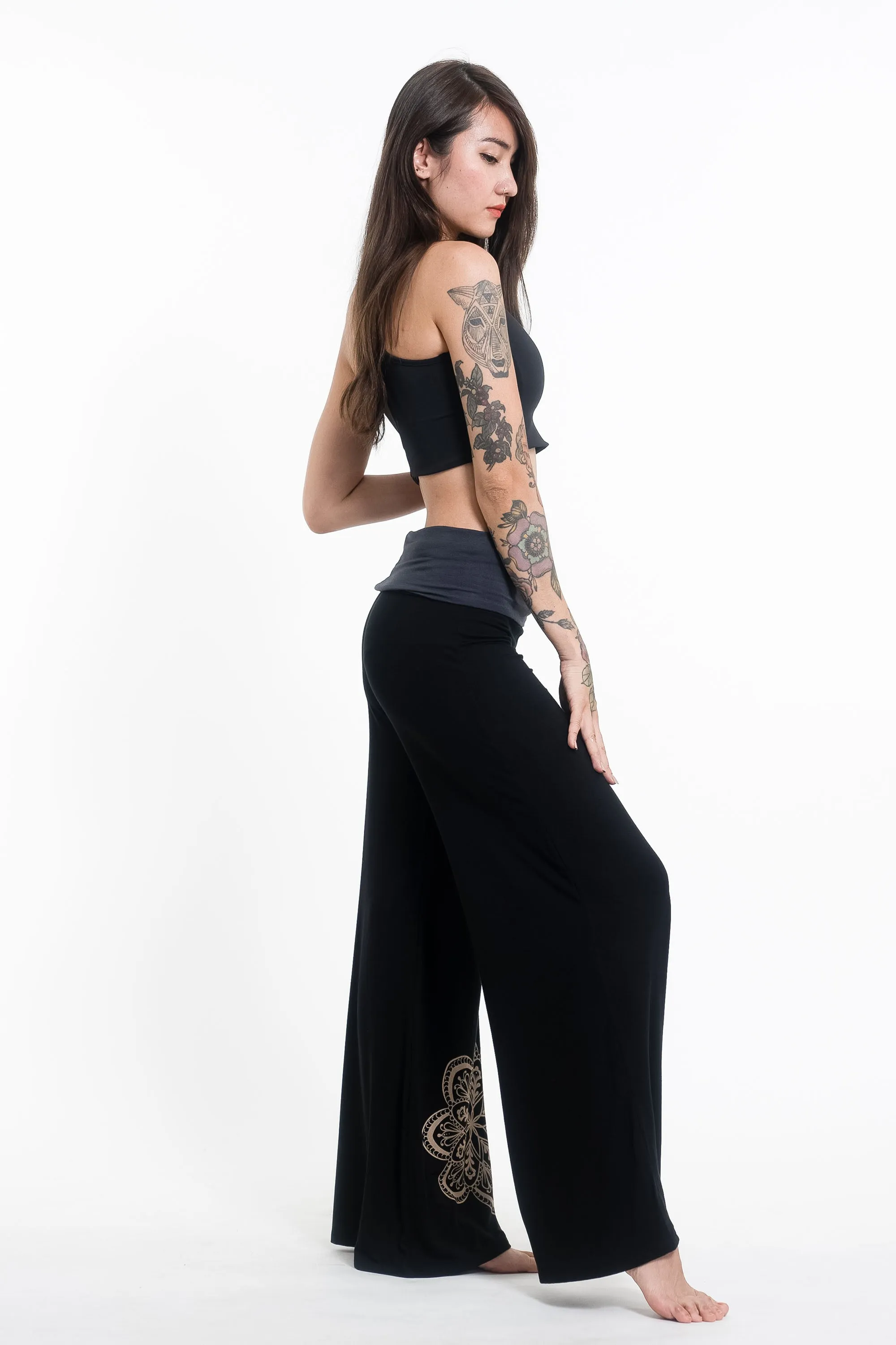 Mandala Print Wide Leg Palazzo Harem Pants Cotton Spandex in Black