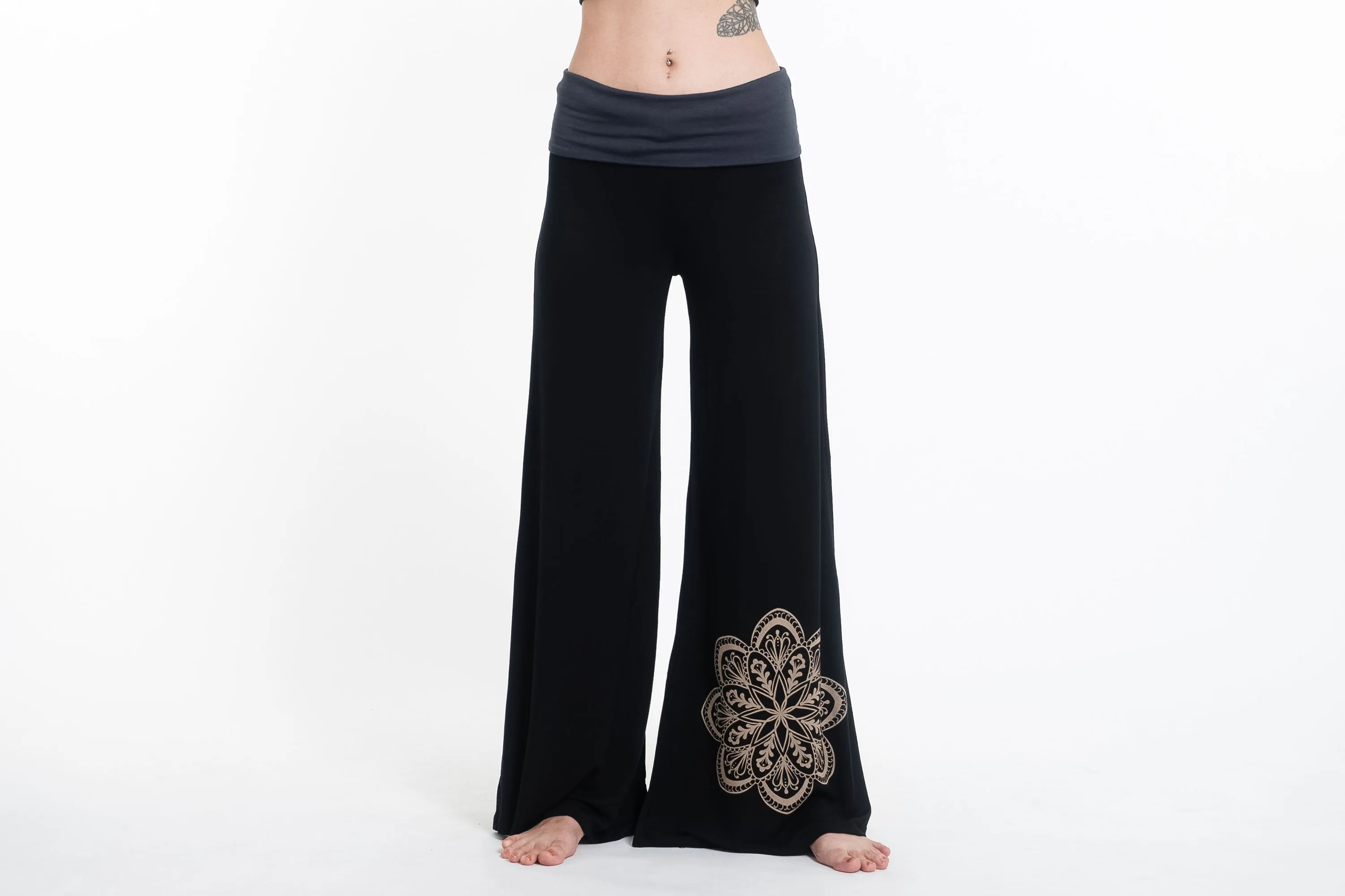 Mandala Print Wide Leg Palazzo Harem Pants Cotton Spandex in Black