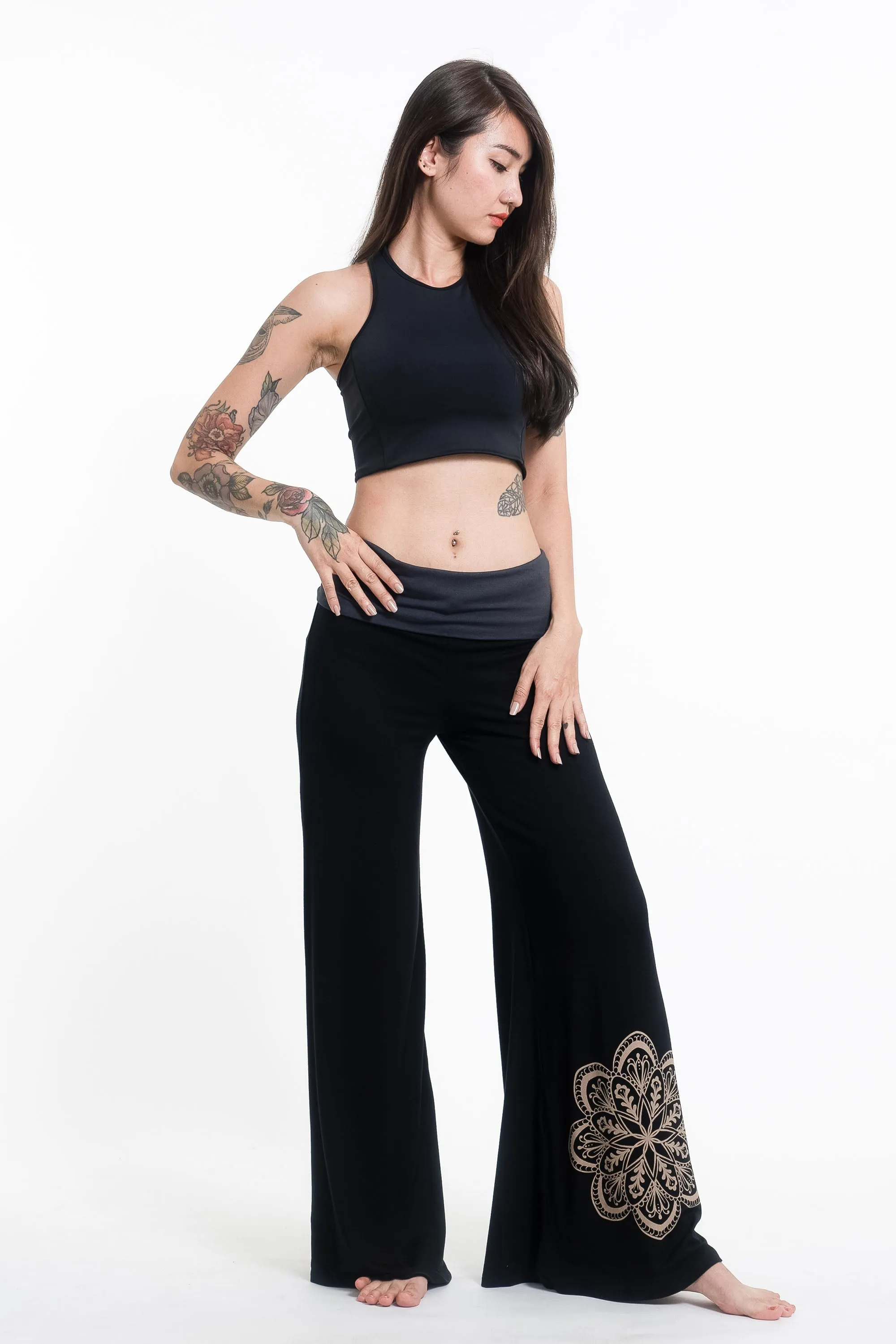 Mandala Print Wide Leg Palazzo Harem Pants Cotton Spandex in Black