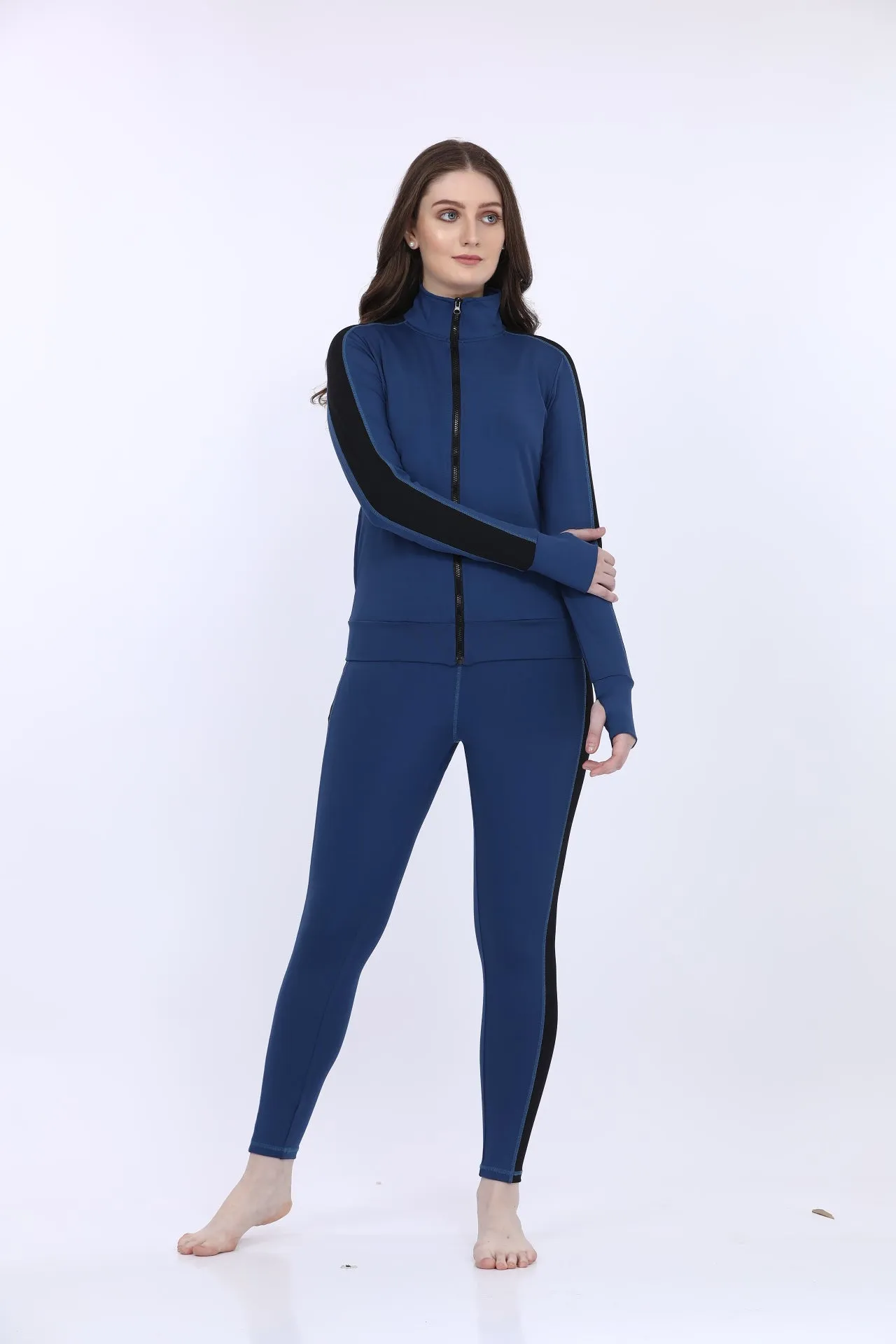 Navy Blue Poly Spandex Women’s Full Sleeve Tracksuit