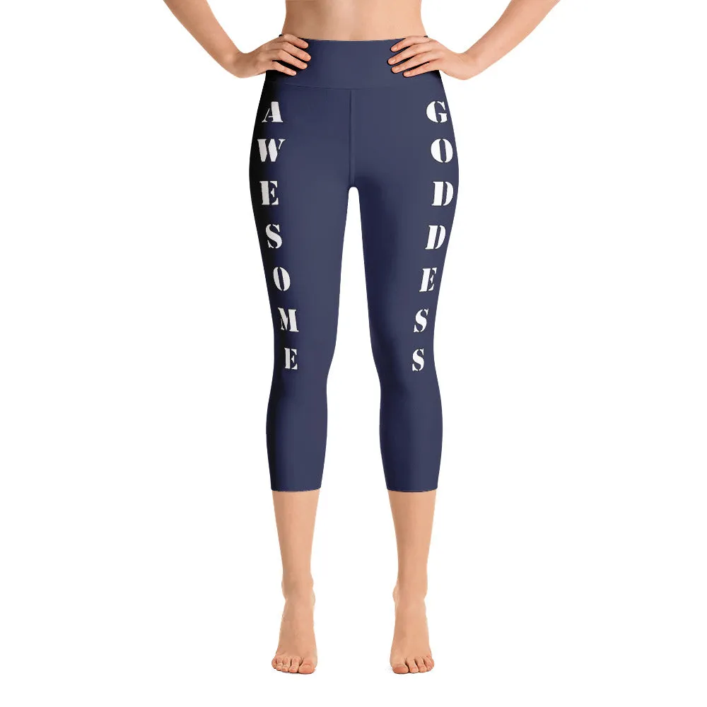 Our best viral leggings midnight blue awesome goddess white letters