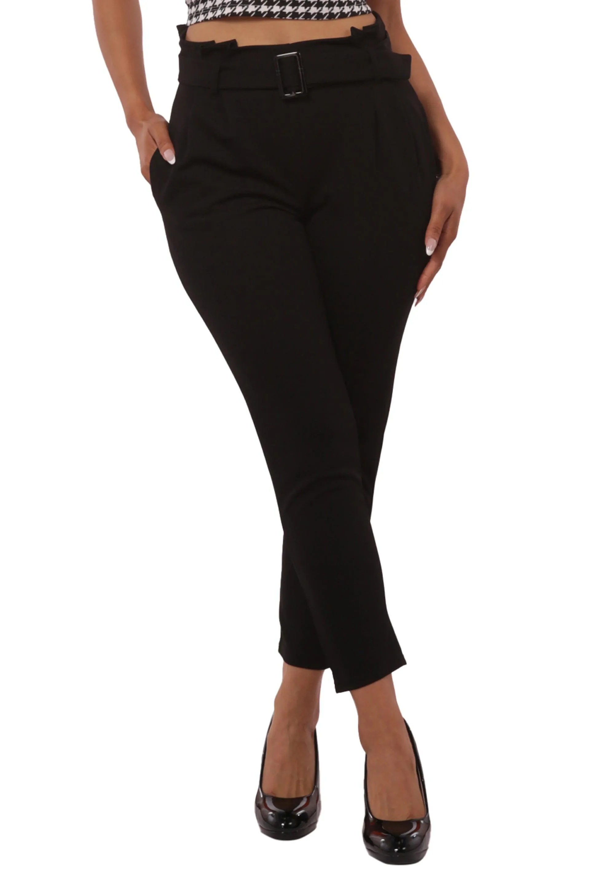Paperbag Waist Knit Crepe Crop Pants With Buckle Belt - Black