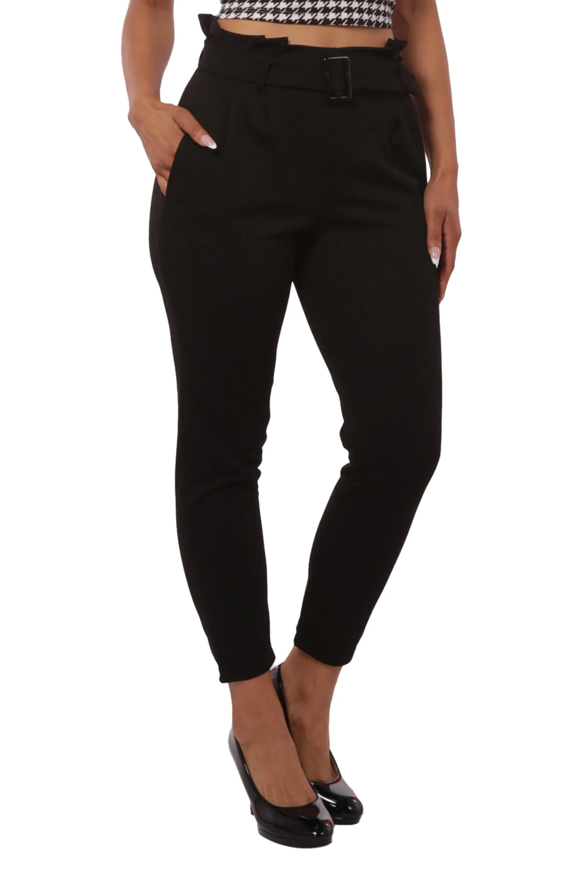 Paperbag Waist Knit Crepe Crop Pants With Buckle Belt - Black