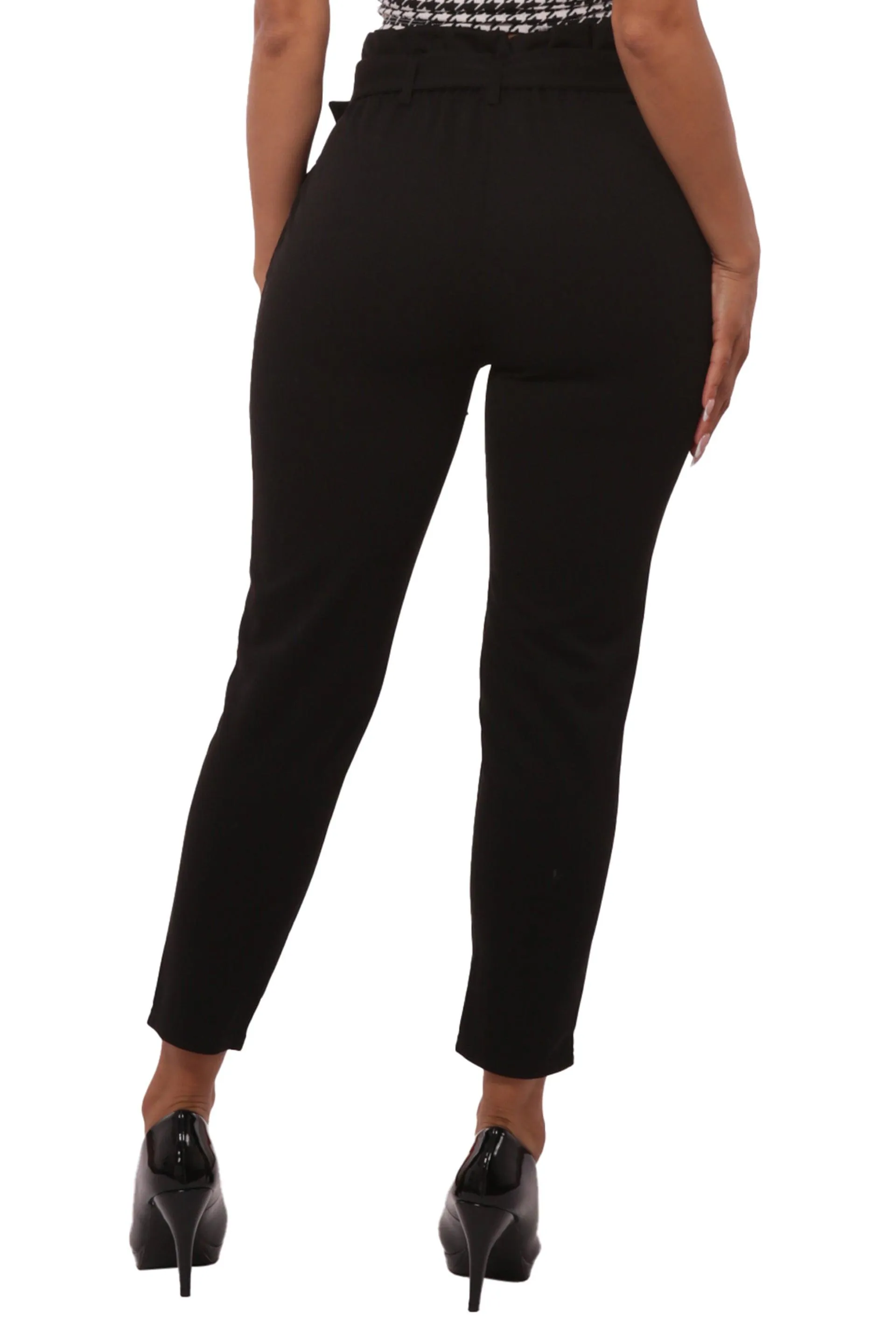Paperbag Waist Knit Crepe Crop Pants With Buckle Belt - Black