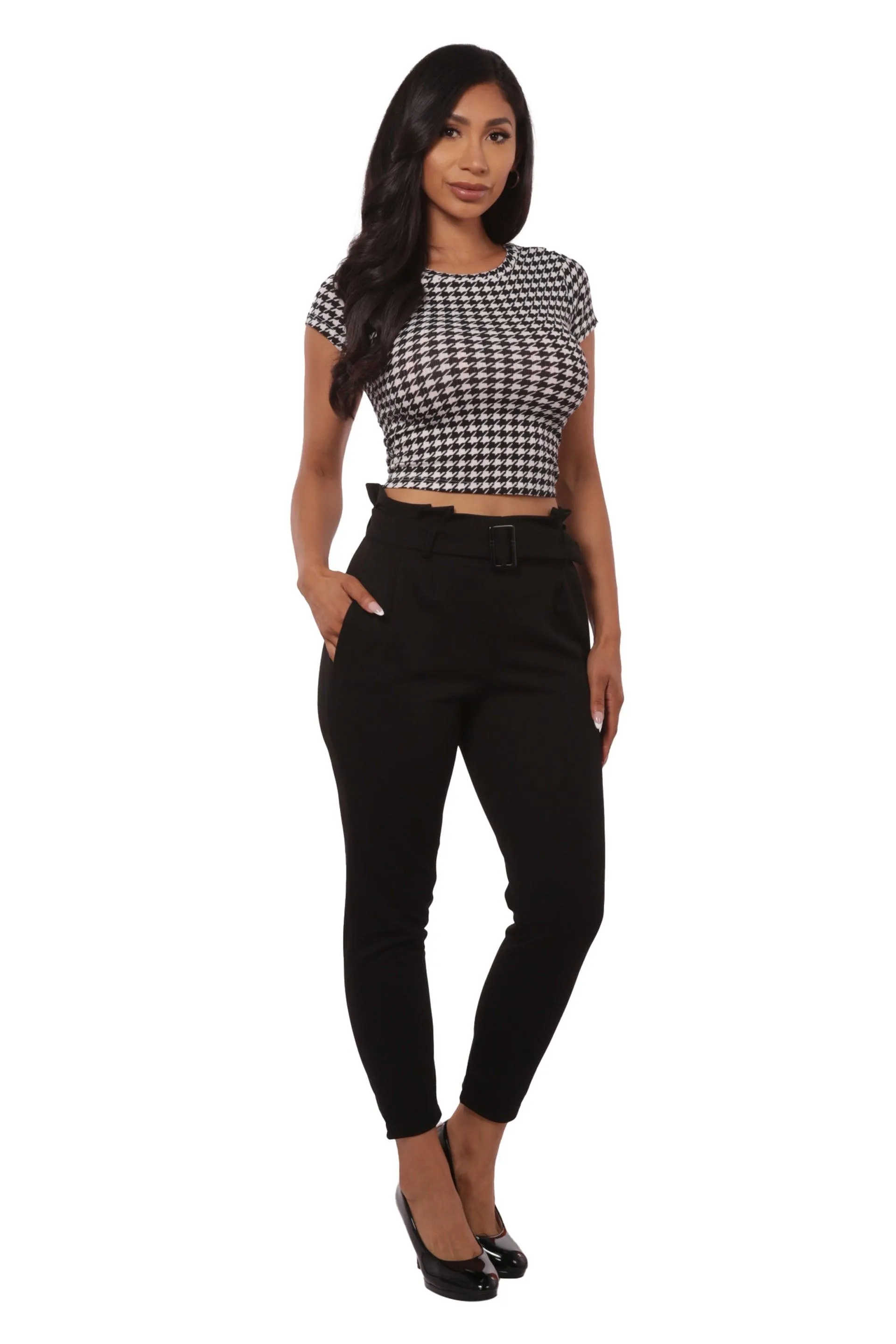 Paperbag Waist Knit Crepe Crop Pants With Buckle Belt - Black