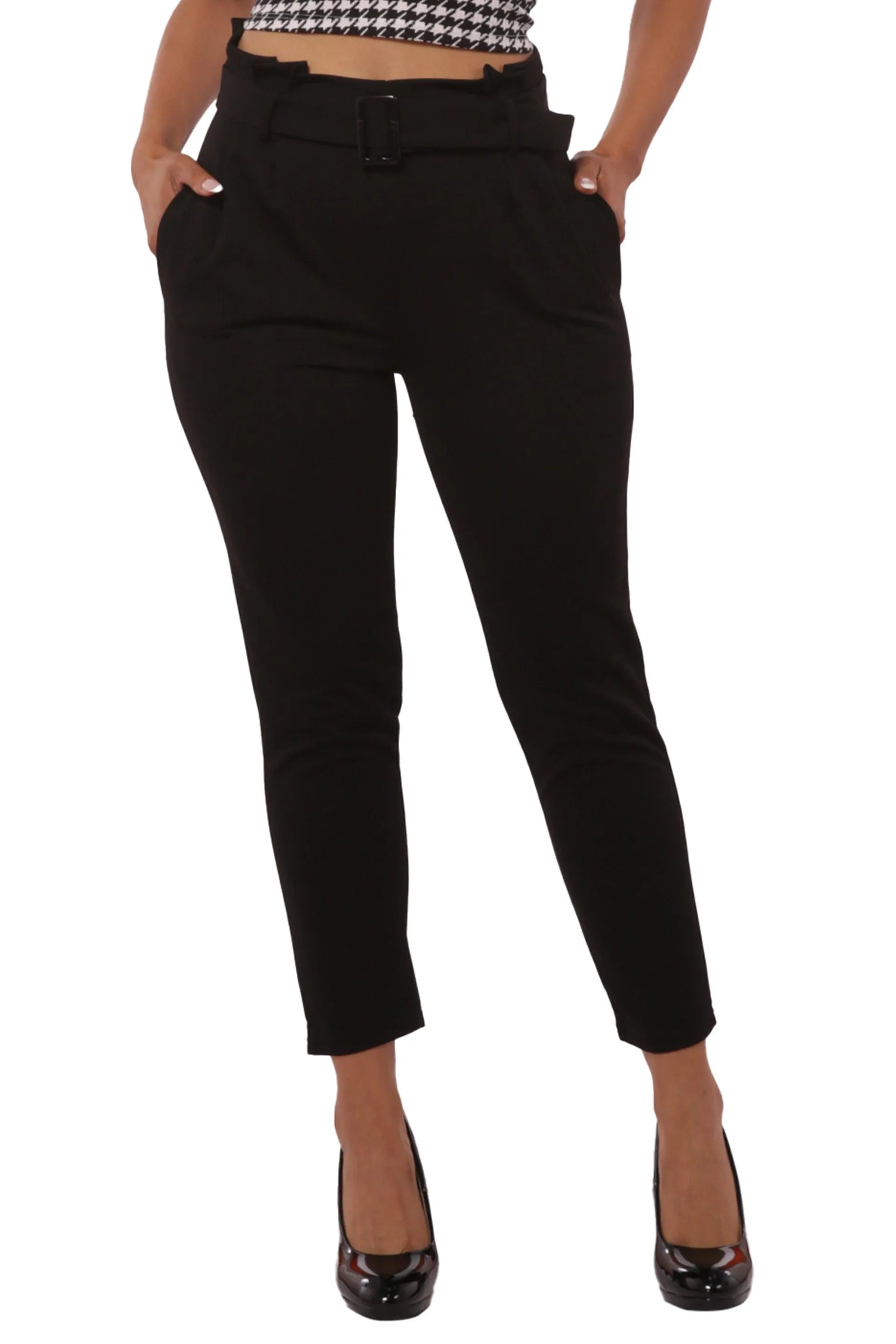Paperbag Waist Knit Crepe Crop Pants With Buckle Belt - Black