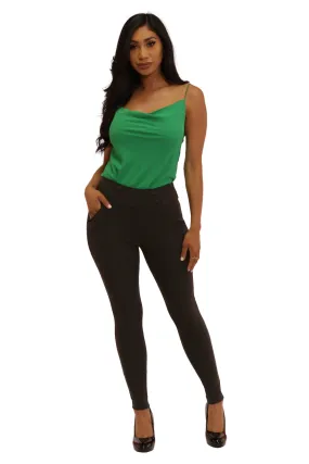 Sculpting Treggings With Waist Button Detail - Black