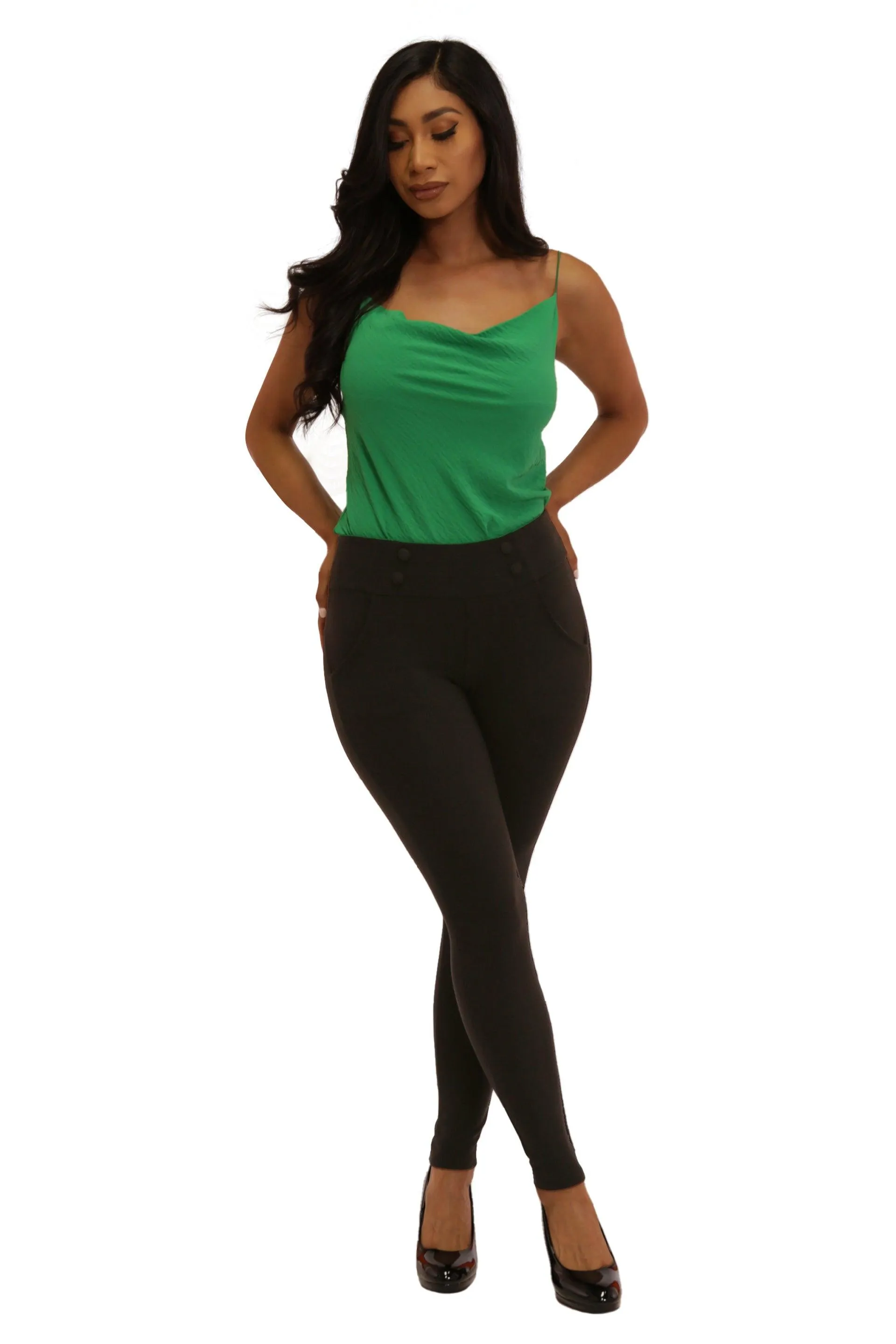 Sculpting Treggings With Waist Button Detail - Black