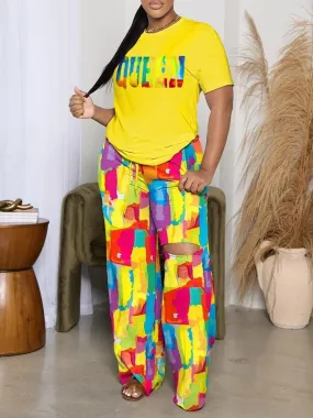 Summer Fashion Queen Letter Print Short Sleeve Top & Cutout Long Pants Set XL 444149