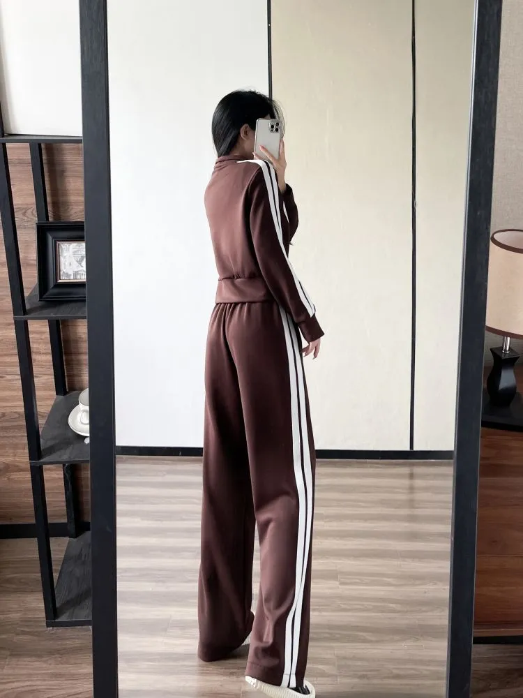 Wenkouban 2023 New Spring and Autumn Zipper Jacket High Waist Wide Leg Pants Two-piece Fashion Casual Loose Long-sleeved Sports Suit Women