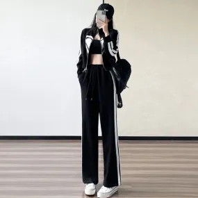 Wenkouban 2023 New Spring and Autumn Zipper Jacket High Waist Wide Leg Pants Two-piece Fashion Casual Loose Long-sleeved Sports Suit Women