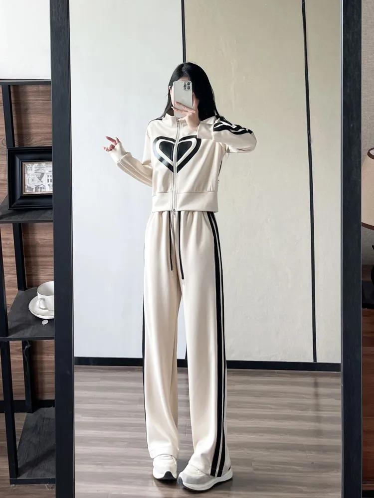 Wenkouban 2023 New Spring and Autumn Zipper Jacket High Waist Wide Leg Pants Two-piece Fashion Casual Loose Long-sleeved Sports Suit Women