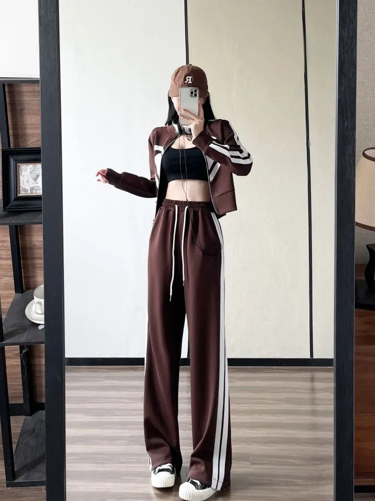 Wenkouban 2023 New Spring and Autumn Zipper Jacket High Waist Wide Leg Pants Two-piece Fashion Casual Loose Long-sleeved Sports Suit Women