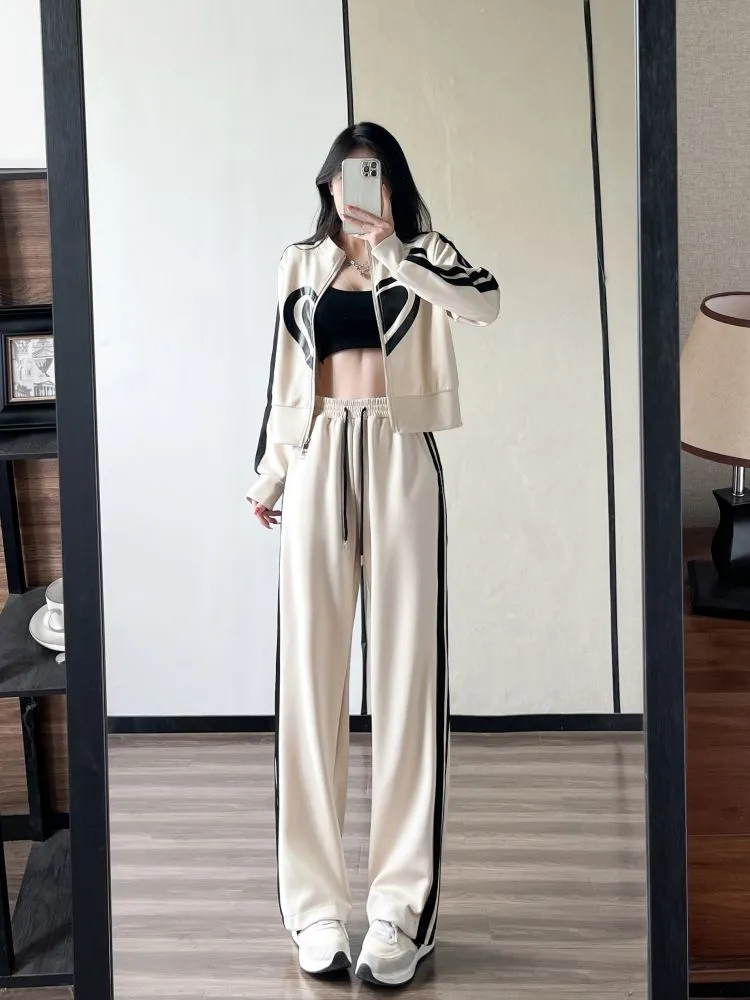 Wenkouban 2023 New Spring and Autumn Zipper Jacket High Waist Wide Leg Pants Two-piece Fashion Casual Loose Long-sleeved Sports Suit Women