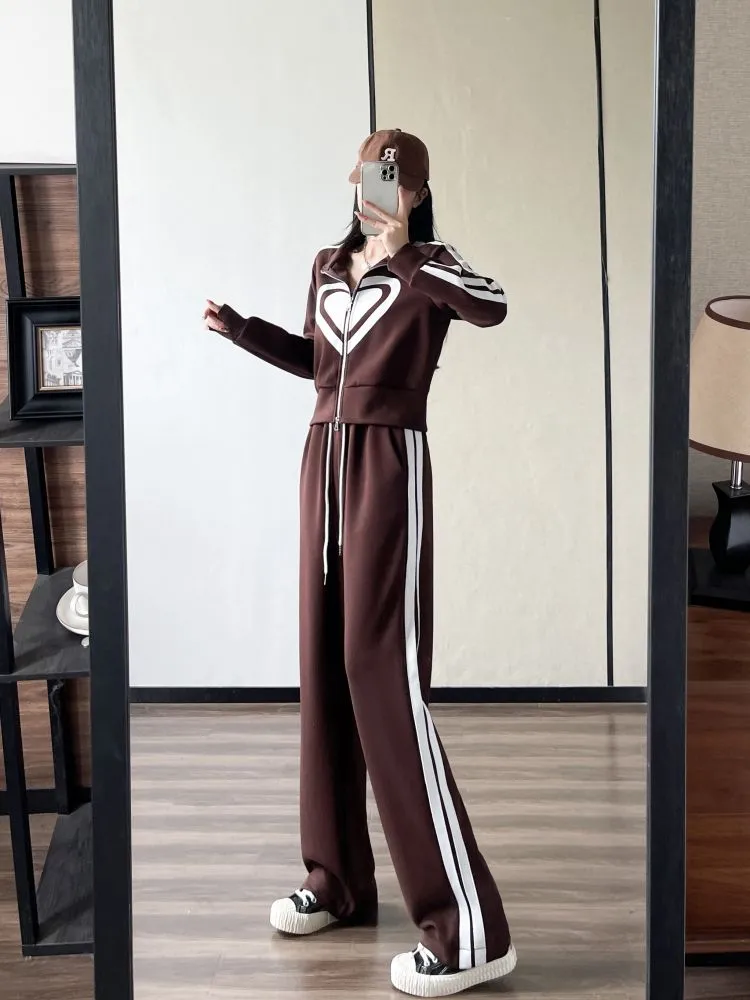 Wenkouban 2023 New Spring and Autumn Zipper Jacket High Waist Wide Leg Pants Two-piece Fashion Casual Loose Long-sleeved Sports Suit Women
