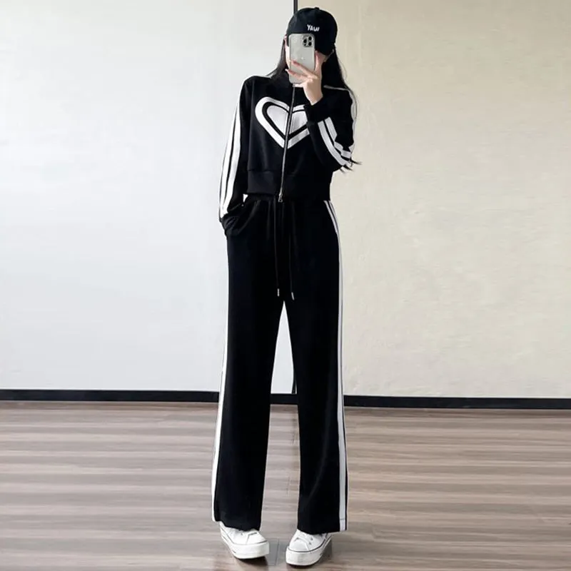 Wenkouban 2023 New Spring and Autumn Zipper Jacket High Waist Wide Leg Pants Two-piece Fashion Casual Loose Long-sleeved Sports Suit Women